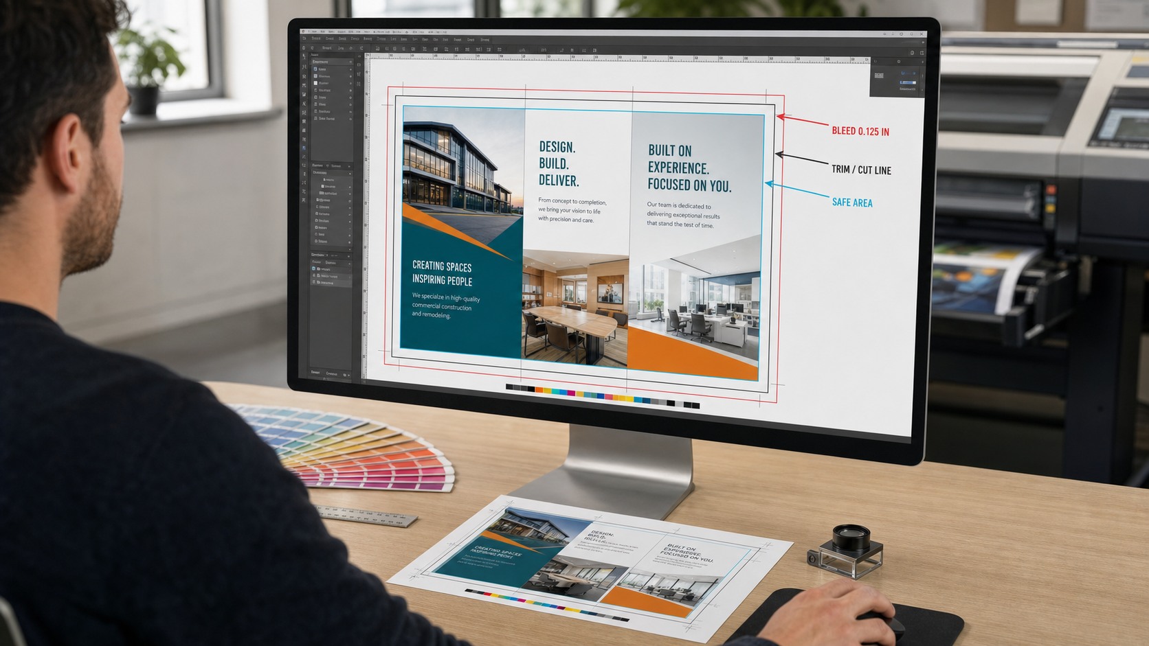 A print designer reviews a brochure layout with correctly labeled bleed, trim, and safe-area guides at a professional prepress workstation.
