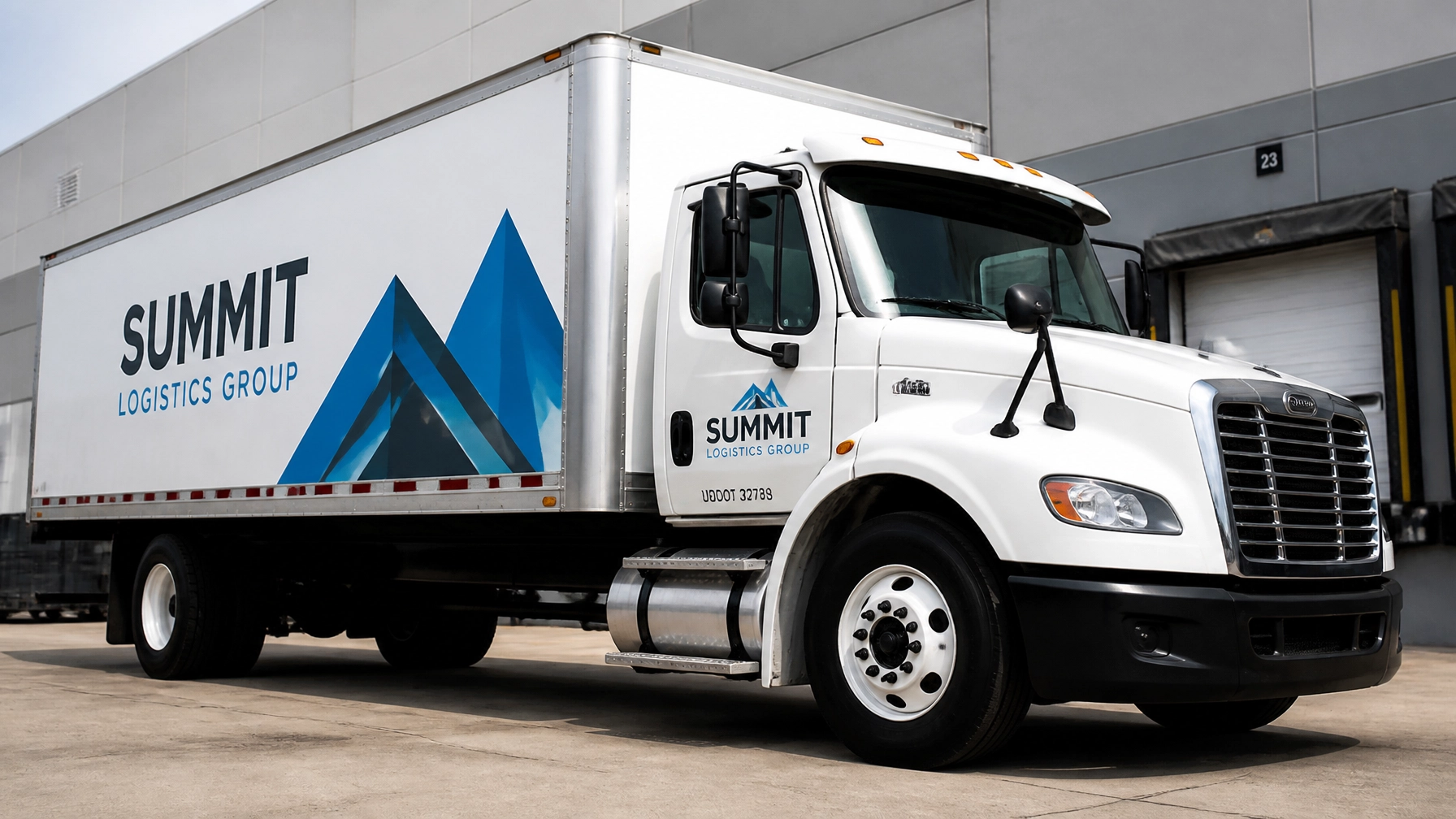 A professional truck with clean partial graphics and high-contrast lettering on the doors.