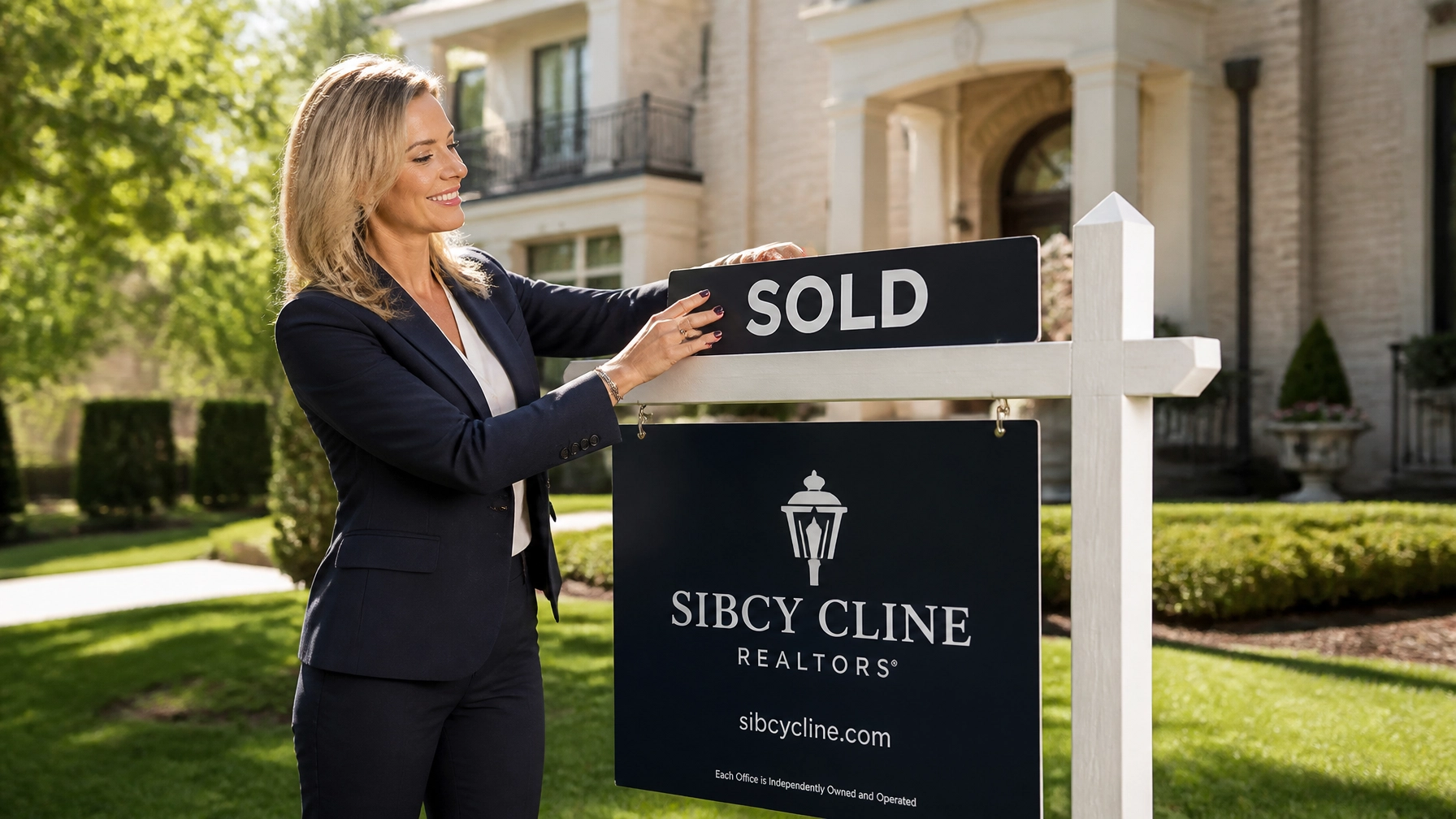 Real estate agent placing a Sold rider on a yard sign