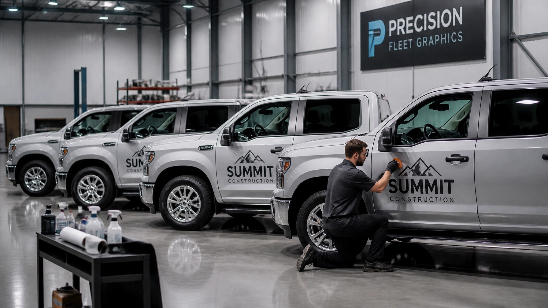 A fleet of silver service trucks receiving professional vinyl lettering and graphics in a clean, organized warehouse environment.