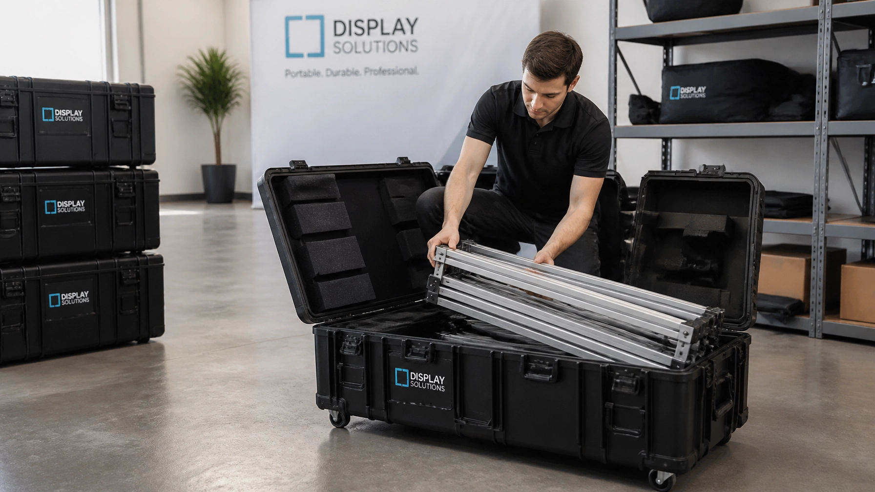 Durable shipping cases and a collapsible trade show display frame being packed for transport.