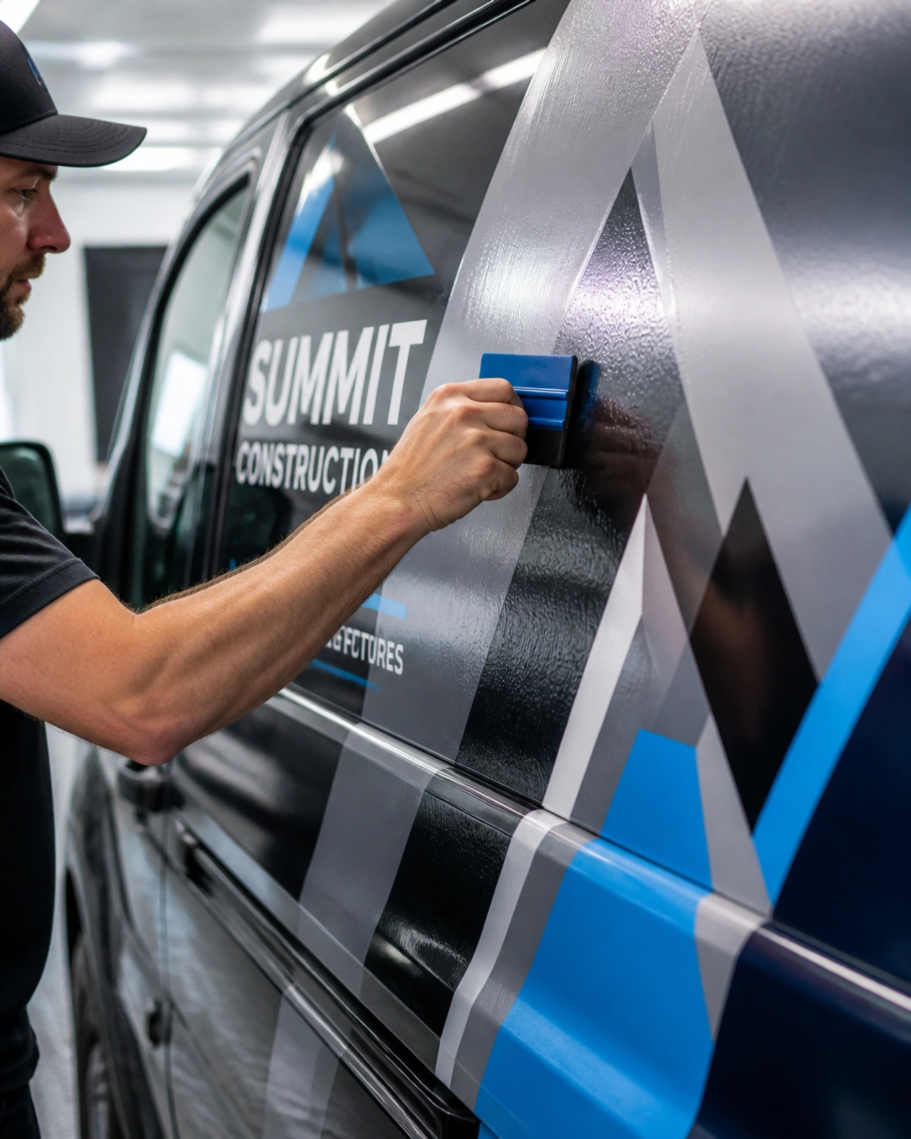 A professional technician applying a vinyl wrap with precision.