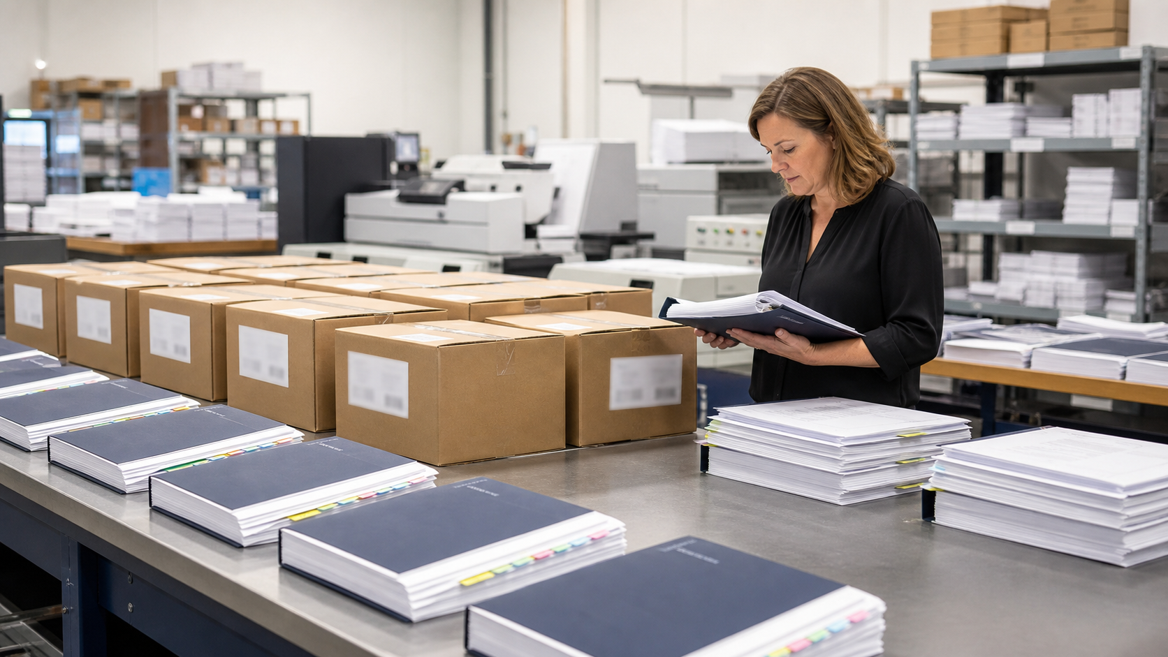 Print shop worker reviewing labeled boxes and tabbed legal binders prepared for multiple office shipments