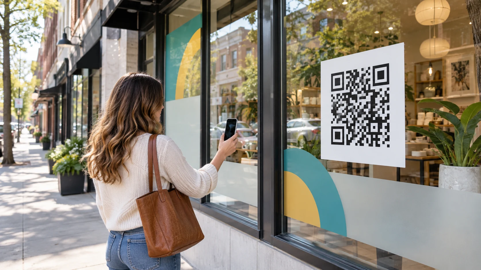 Customer scanning a QR code printed on a storefront window graphic